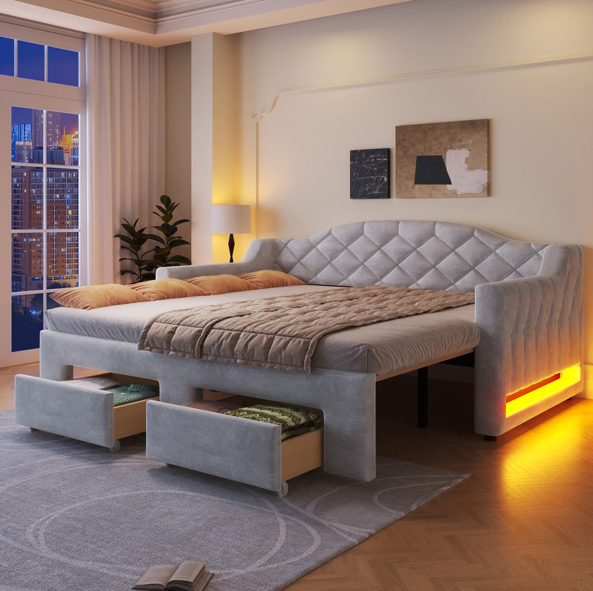 DESMIU Slaapbank 90x200 cm – Uitschuifbaar Tot 180x200 cm – Met 2 Lades & LED-Verlichting – Zonder Matras – Stof – Grijs