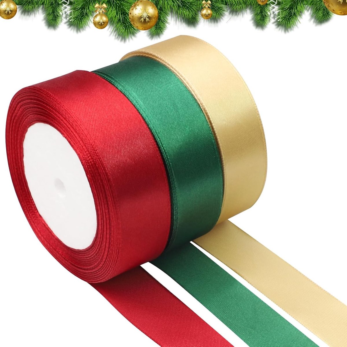 Kerstlinten voor Cadeauverpakking - 3 Rollen Satijnen Linten in Rood, Groen en Goud, Decoratief Lint voor Kerstversiering, Cadeaus en Thuisdecoratie, 2.5cm x 22m