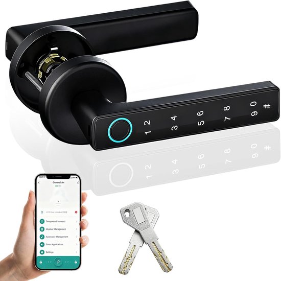 Zwarte slimme deurklink met numeriek toetsenbord, vingerafdruksensor, twee sleutels en smartphone met app.