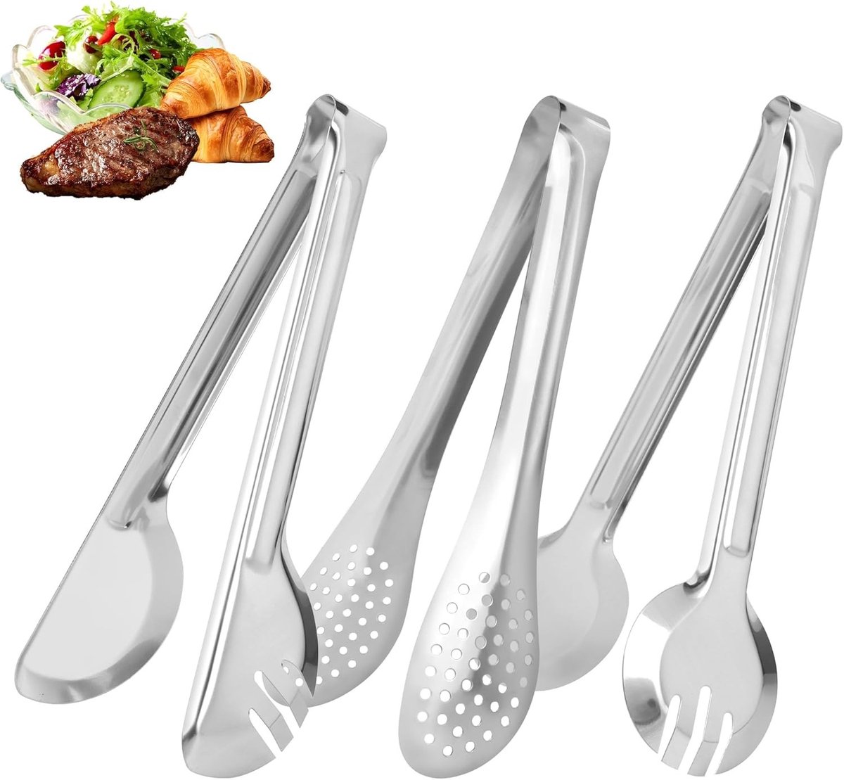 Roestvrijstalen Keukentangen Set van 3, Ideaal voor Grillen, Serveren en Buffet met Pasta, Salades en Taarten