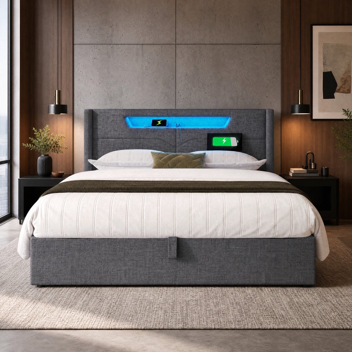 COVREO Bed 160x200 cm grijs, stof en metaal met opbergruimte