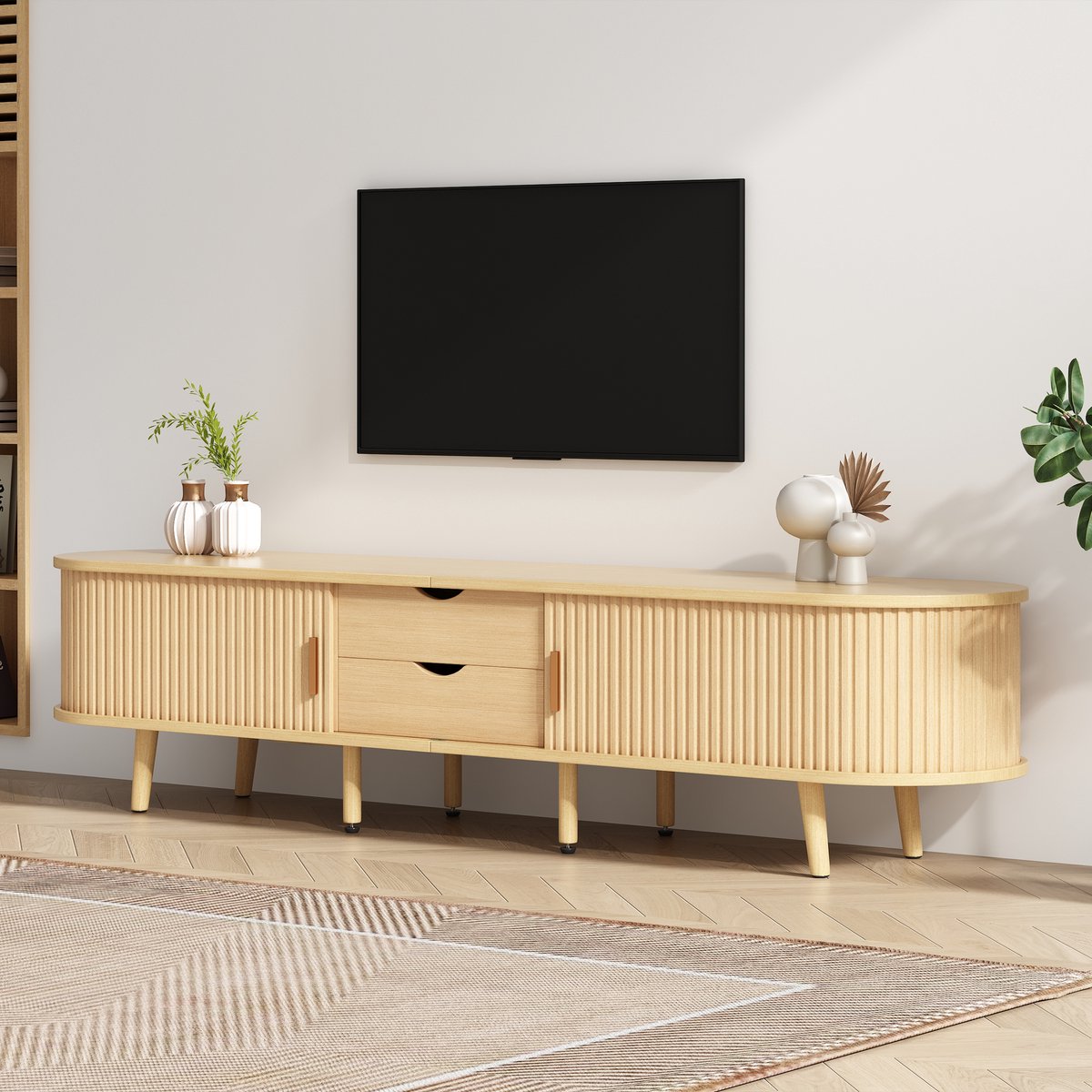 Wishdor TV-Meubel met Geribbelde Schuifdeuren - Ovaal Design - 2 Lades - Hout - Licht Eiken - 175x40x42 cm