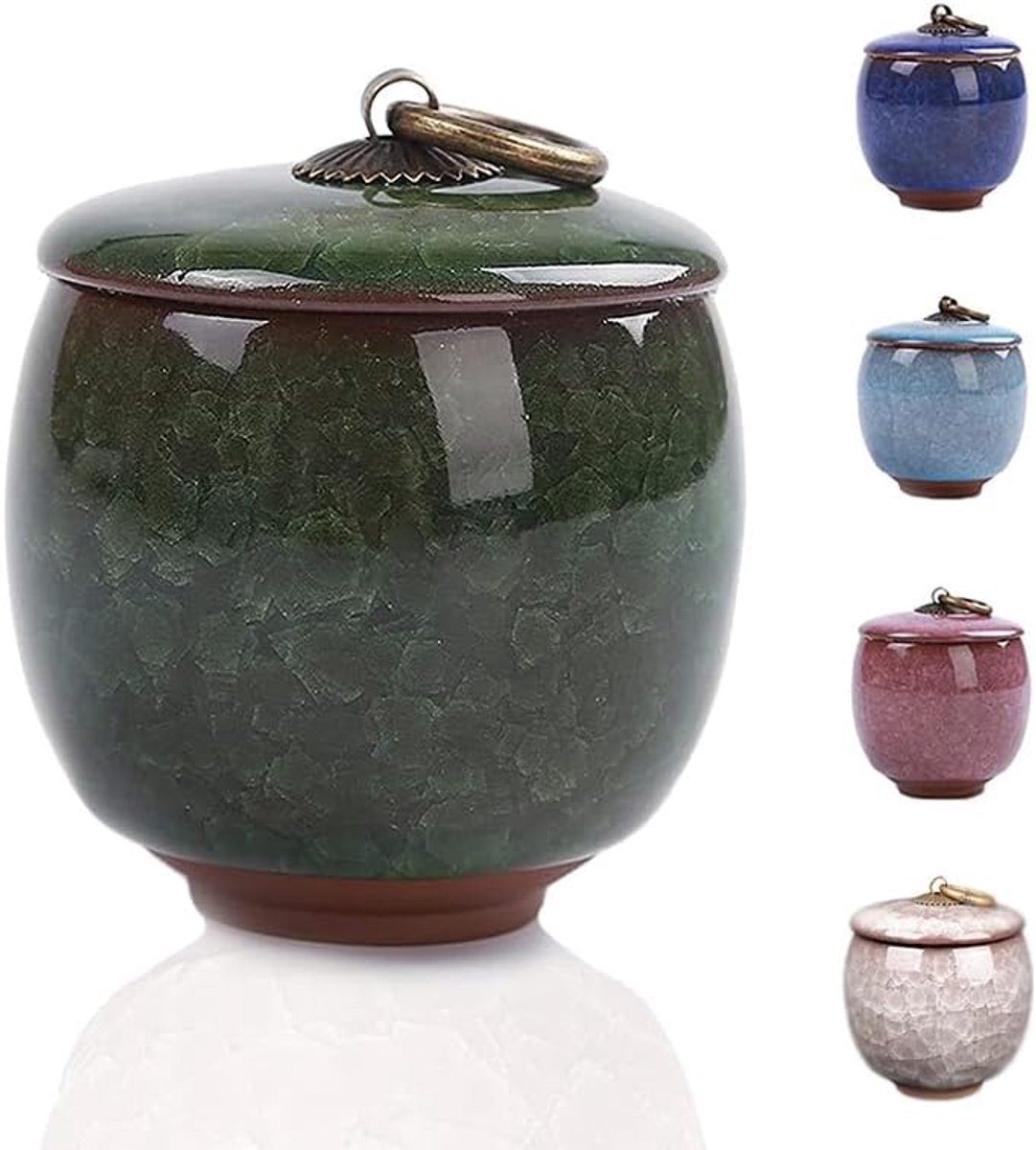 Keramische theebus: Een keramische theebus in vintagestijl met een oosterse uitstraling, ook geschikt voor het bewaren van koffiebonen. Hij kan dienen als urn voor de as van huisdieren of als decoratieve voorraadpot voor in de keuken. Smaragdgroen.