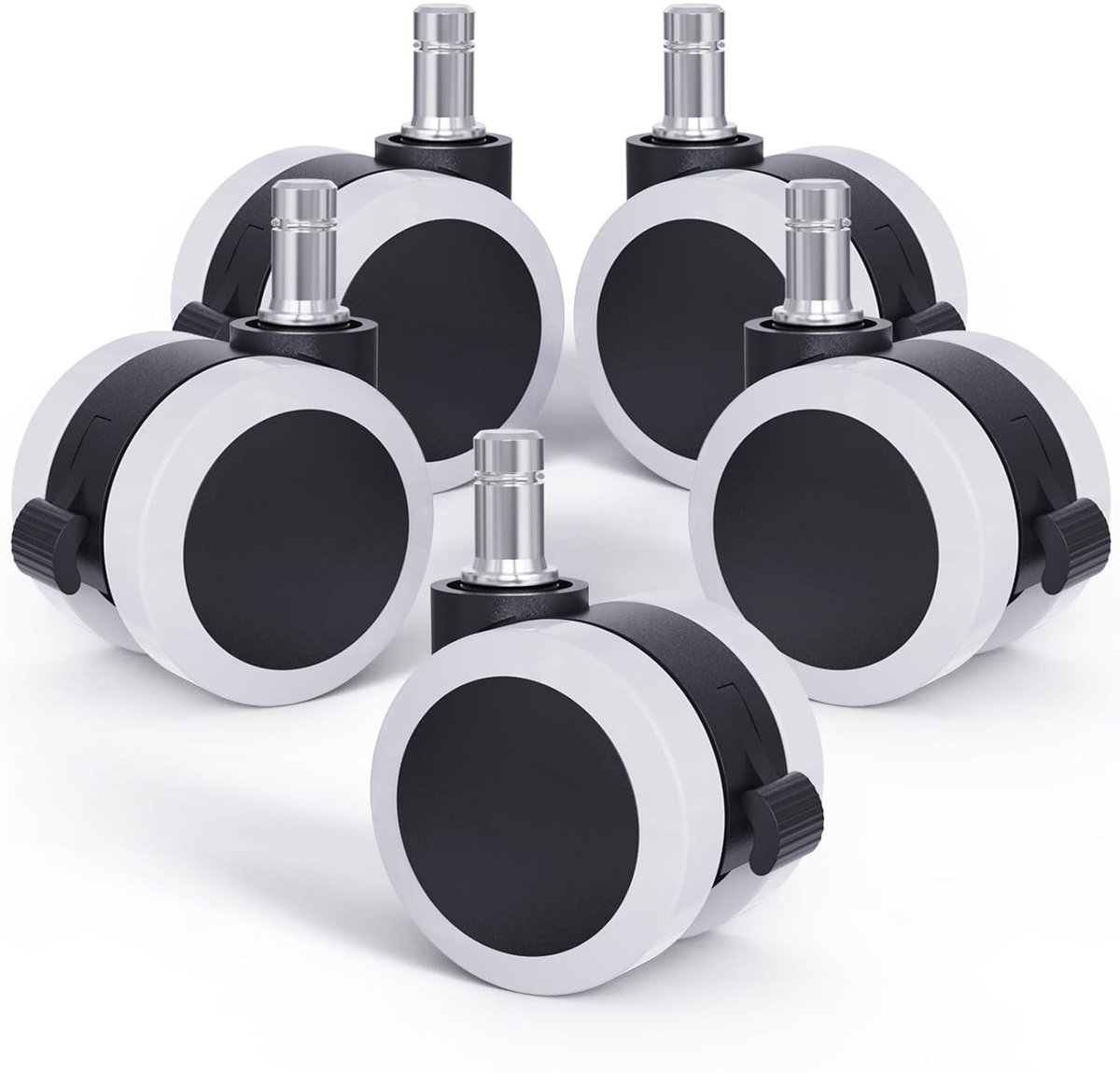 5 Hard Floor Swivel Stoelwielen met Rem 11 mm/50 mm - Geschikt voor Kantoorstoelen, Zwart/Wit, Vervangingsset