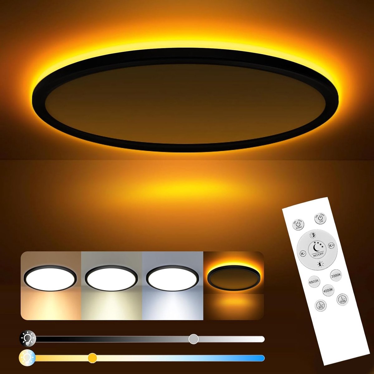 SnelShoppen - Slochi Led-plafondlamp 24 W Dimbaar met Afstandsbediening, Ultradunne Rond Zwarte Slaapkamerlamp 1800 K-6500 K voor Slaapkamer, Woonkame