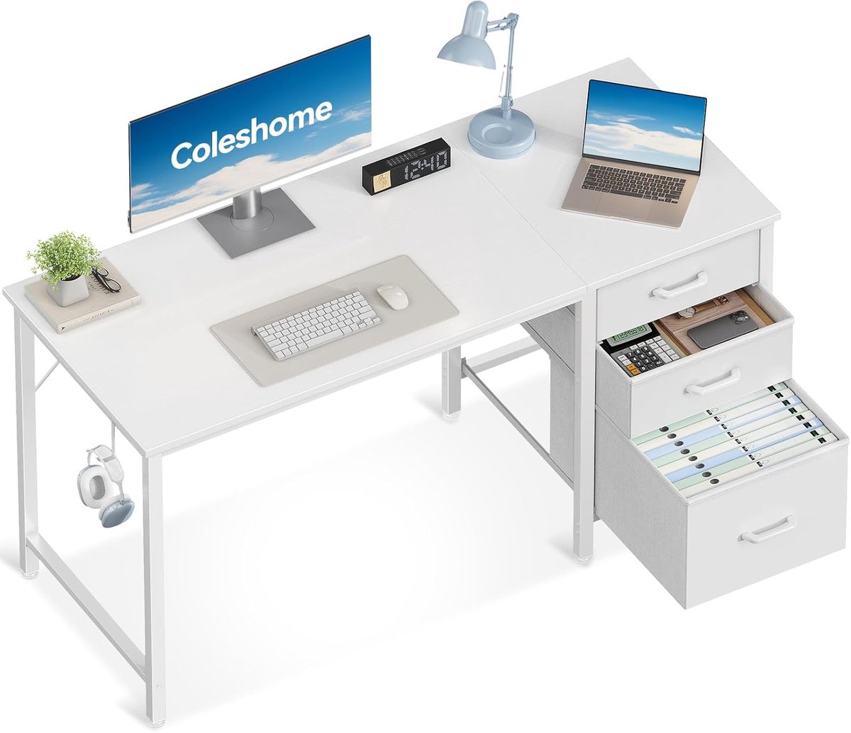 SnelShoppen - Bureau met 3 Stoffen Laden, 120 x 48 cm, Omkeerbaar Computertafel met Hoofdtelefoonhouder, Wit PC-Bureau voor Klein Thuiskantoor