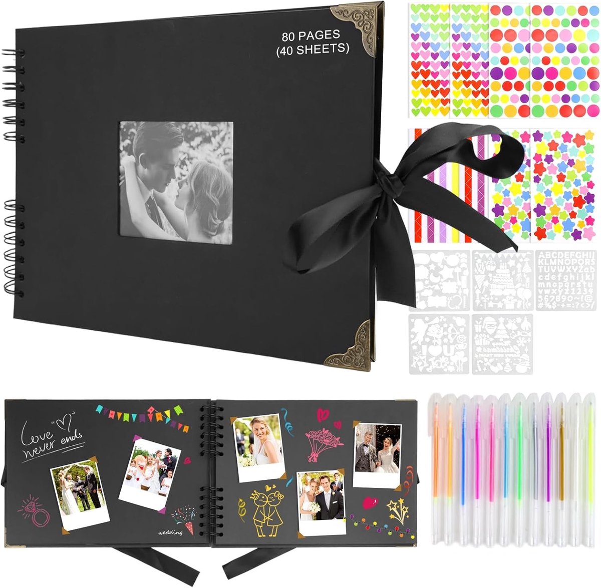 Fotoalbum 30 x 21 cm met 80 pagina's, DIY scrapbook, ringband voor baby, bruiloft en verjaardag, zwart