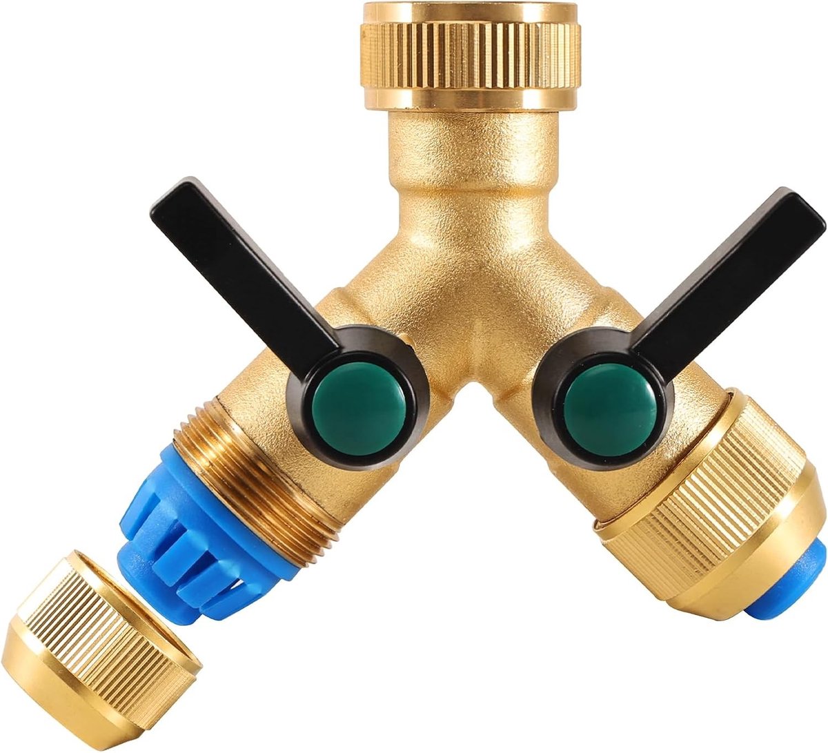 2-Weg Waterverdeler 3/4 Inch Messing Y-Stuk met Afsluitkranen, Wateraansluiting Splitter voor Wasmachine, Vaatwasser en Tuinslang - Ideaal voor Efficiënt Watergebruik en Tuinonderhoud