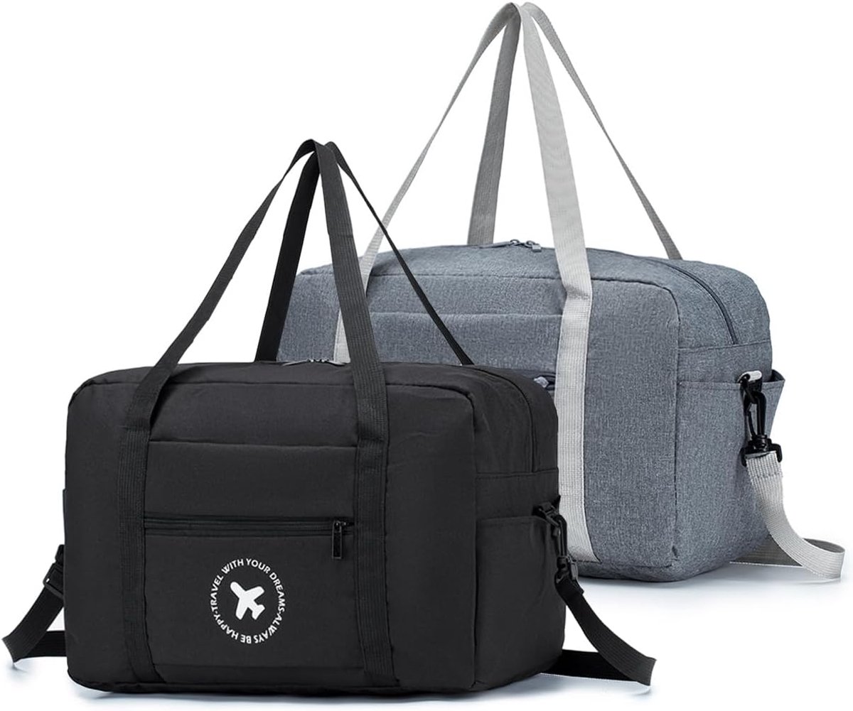 Thijox - 2x Reistas Ryanair Handbagage 40x20x25 - Opvouwbare Waterdichte Nylon Weekendtas - Handbagage Koffer Organizer - Zwart en Grijs - Perfect voo