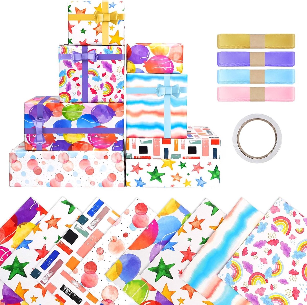 Kleurige Verjaardagscadeau Papieren Set met Strik en Plakband voor Kinderen - 50 x 70 cm, Perfect voor Feestjes en Decoratie