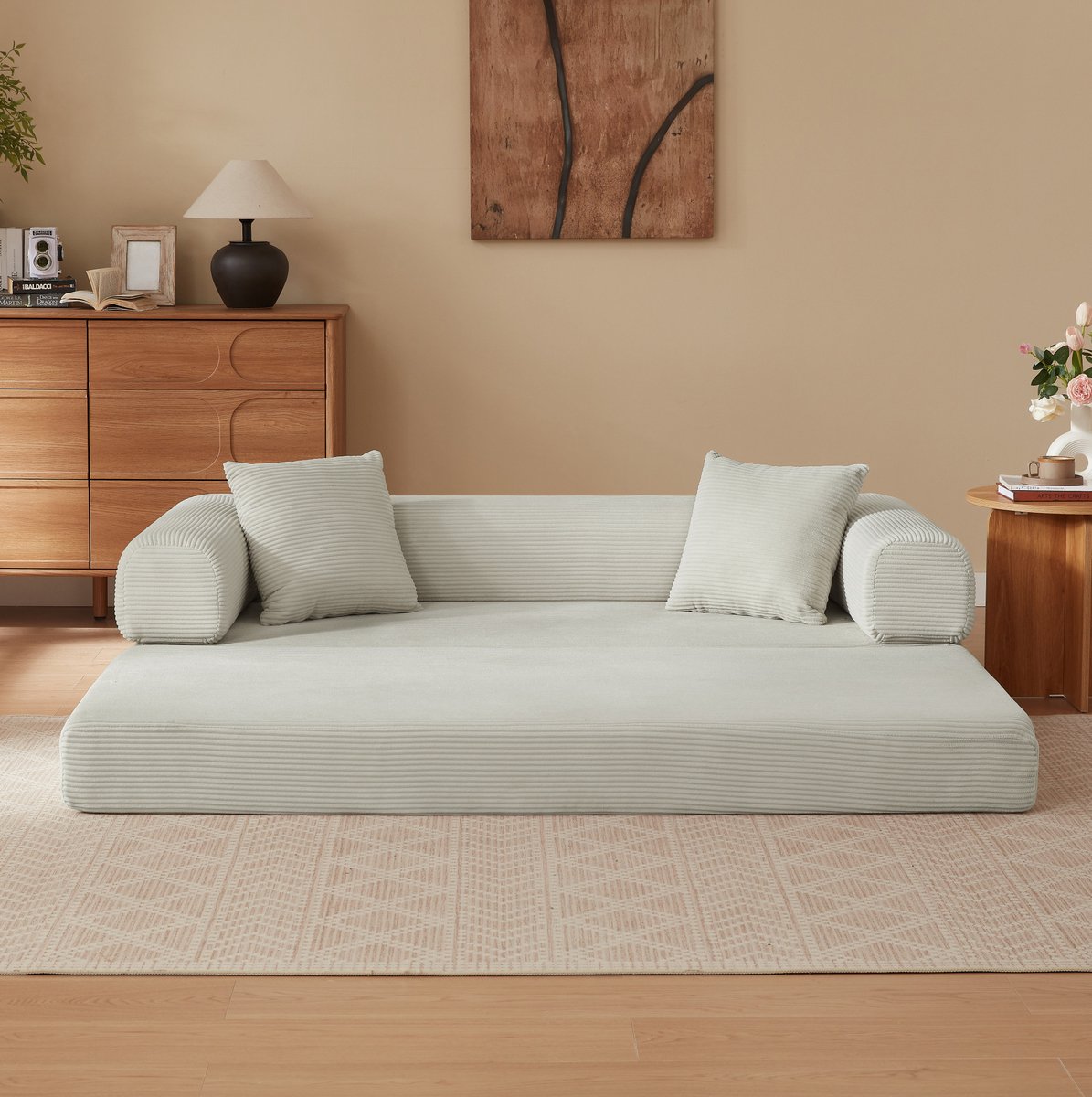 MIVRAY Slaapbank 195 x 89 x 59 cm - Uitklapbare Vloerbank Met Slaapfunctie - Voor Woonkamer En Slaapkamer - Velours Beige