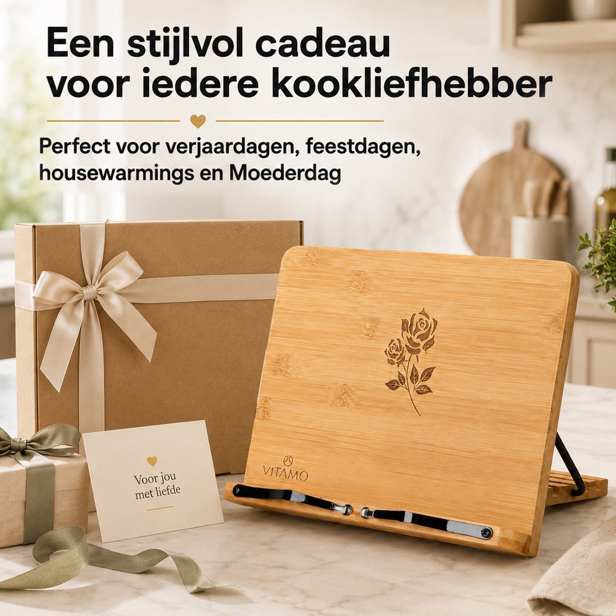 VITAMO™ Bamboe Kookboekstandaard - Boekenstandaard - Verstelbaar in 5 Standen - Bladzijdehouder - Geschikt voor Dikke Kookboeken - Inklapbaar - Tablet & iPad Houder - Receptenhouder — cadeau in Kookcadeaus - foto 7