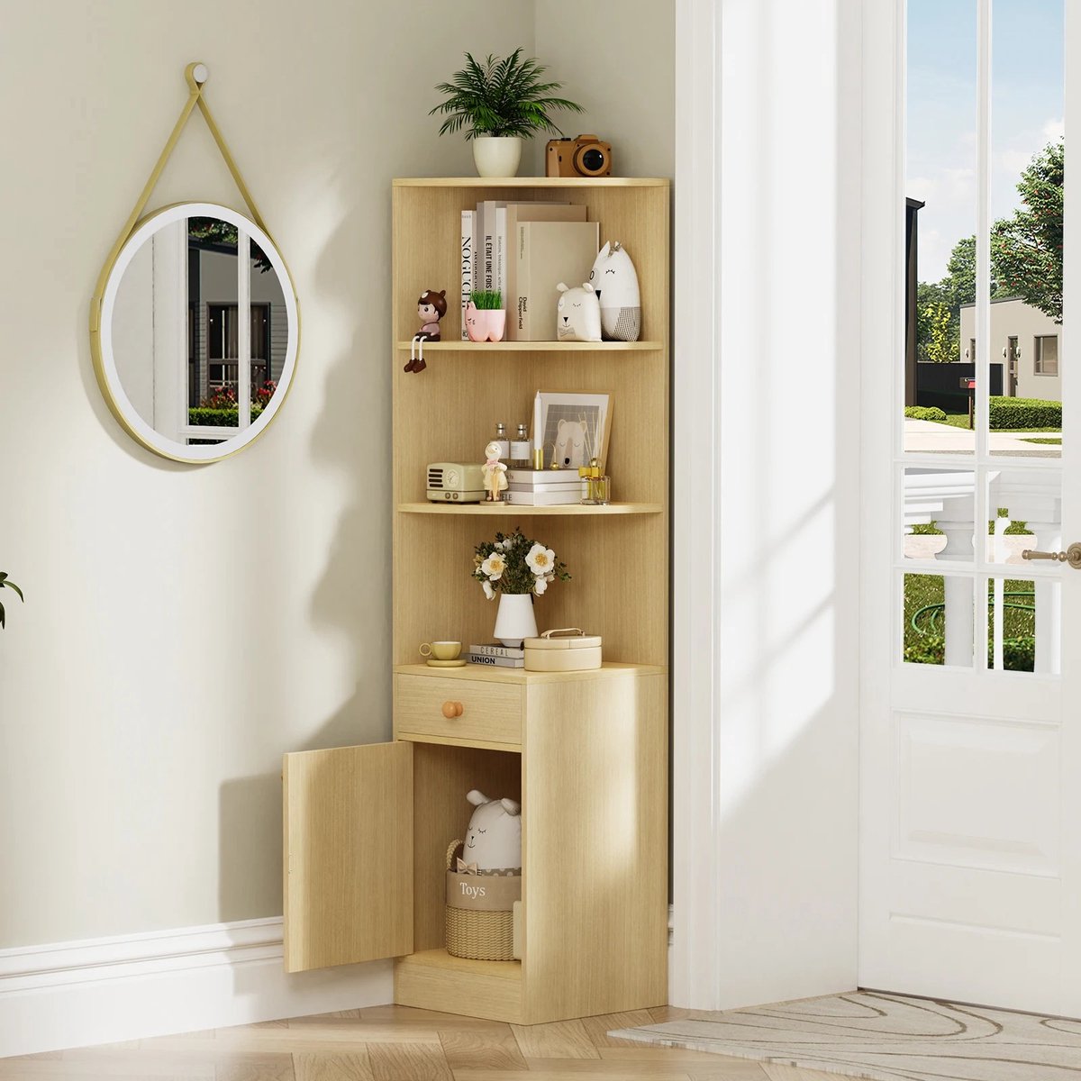 Dailygoods Hoekplank, 3-laags opbergkast met deuren, 161 cm hoekplank voor woonkamer, slaapkamer, keuken, kleine ruimte