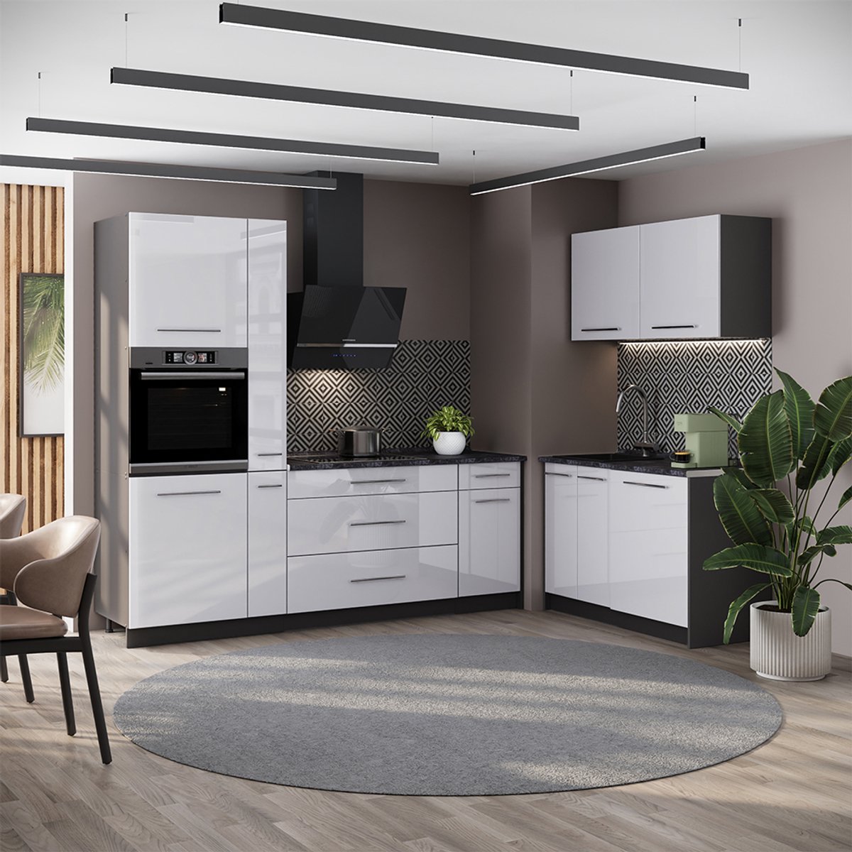 Vicco Keuken Fame-Line, Wit Hoogglans/Antraciet, 220 x 120 cm, WB Eik