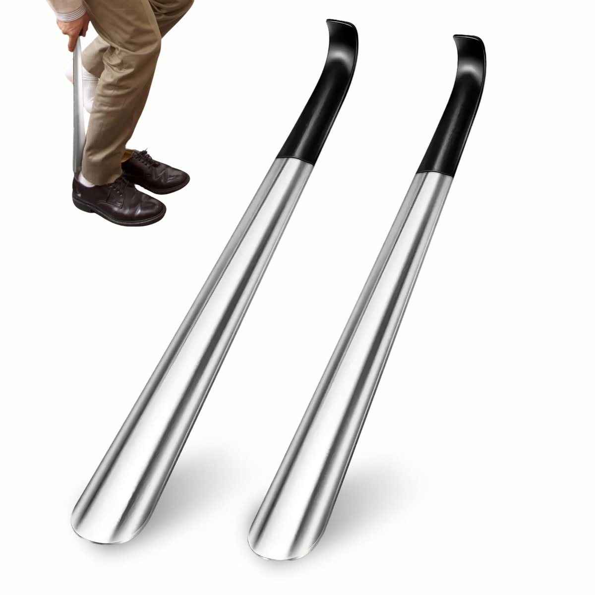 Dailygoods - 42 cm lange roestvrijstalen schoenlepel, krommenvrij, ontworpen voor leren schoenen en sportschoenen, schoenlepel, lange schoenlepel, metaal