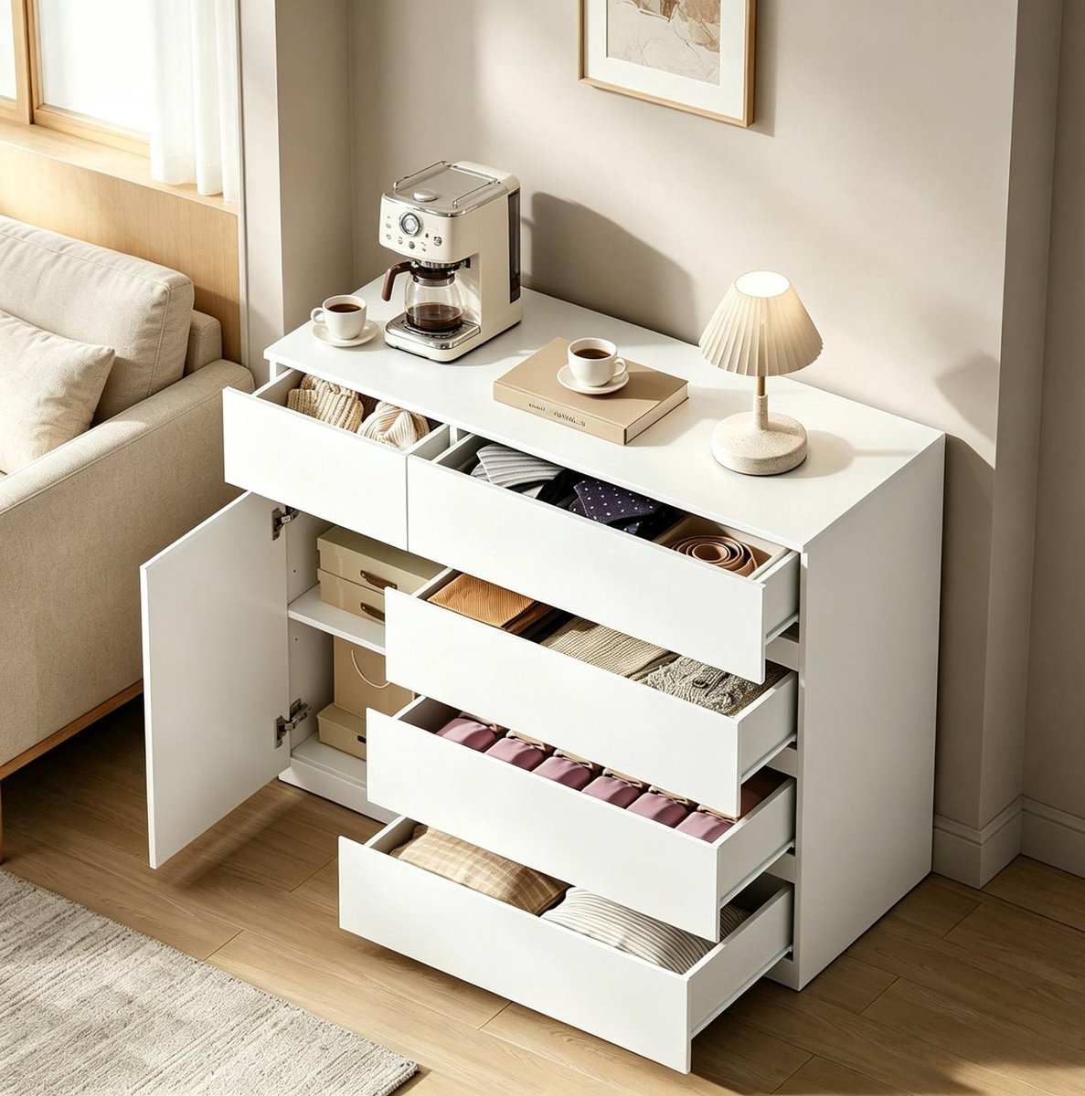 HAUSS SPOLE Dressoir - Opbergkast Met 5 Lades En Verstelbare Plank - Voor Keuken Hal En Slaapkamer - Spaanplaat - 100x40x80 Cm - Wit
