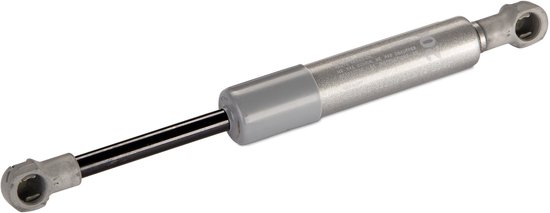 Zilverkleurige gasveer met grijze uiteinden, liggend op een witte achtergrond.