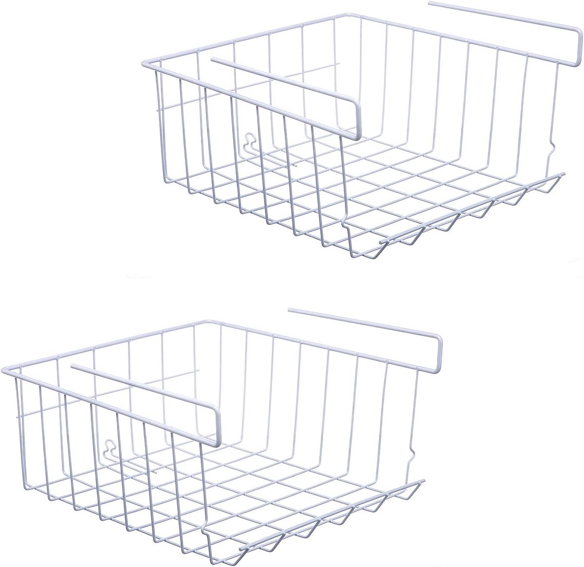Opbergmand onder de plank, 2-pack Onder de plank Opknoping metalen draad opbergmand Organizer voor keuken, kast, kantoor, bijkeuken, badkamer, kast, wit