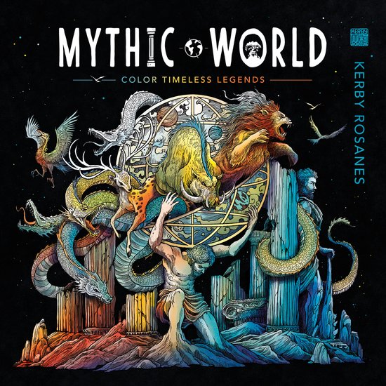Boekomslag 'Mythic World' met kleurrijke mythologische wezens, Griekse zuilen en de tekst "Mythic World Color Timeless Legends".