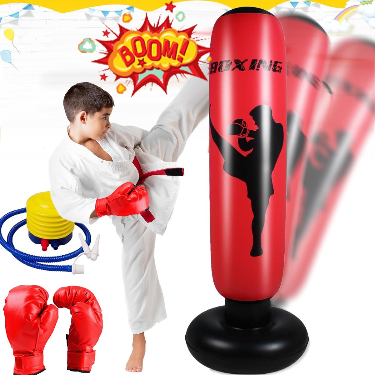 Opblaasbare Bokszak - Boksbal - Bokspaal - TENZHVXI® - 160 x 60 cm - Voor kinderen - Inclusief handschoenen en pomp - Duurzaam pvc - Gebruiksvriendelijk - Vanaf 6 jaar - Thuistrainingsset, kickboksen, karate, taekwondo - Rood/zwart