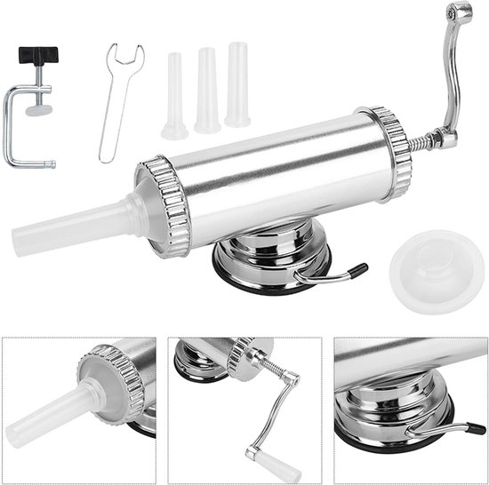 Professionele worstmachine - Uitgerust met 3 spuitmonden - Handmatige worstvuller - Vleesvuller - Voedselveilig - Geschikt voor zelfgemaakte worsten en vleesvulling - Vuller van aluminiumlegering - 1,4 kg - Roestvrij staal - Zilver — afbeelding 2