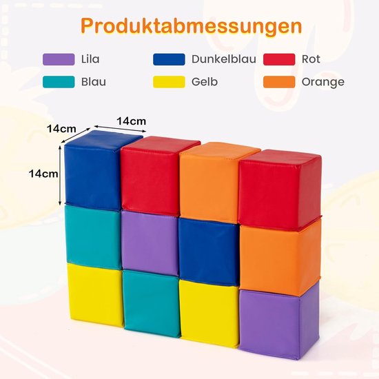 COSTWAY Zachte Schuimrubberen Bouwstenen voor Baby’s en Kinderen - 12-delige Set, 14x14 cm, Veilige en Kleurrijke Klimblokken van EPE Schuim met PU-Hoes, Veelzijdig Speelgoed voor 1+ Jaar van COSTWAY — afbeelding 2