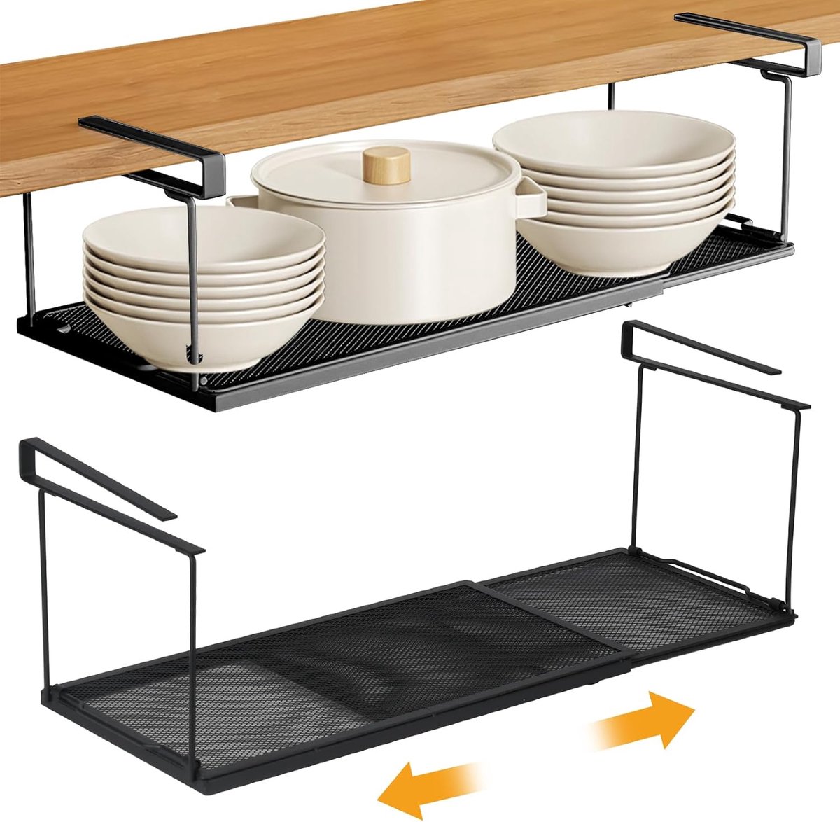plank hangmand uittrekbaar, verstelbaar hangend onderkastrek, metaal, 38,5 - 69 cm, keukenkast, rek, organizer, zwart, opbergmand, onderrek voor keuken, kast, tafel, badkamer
