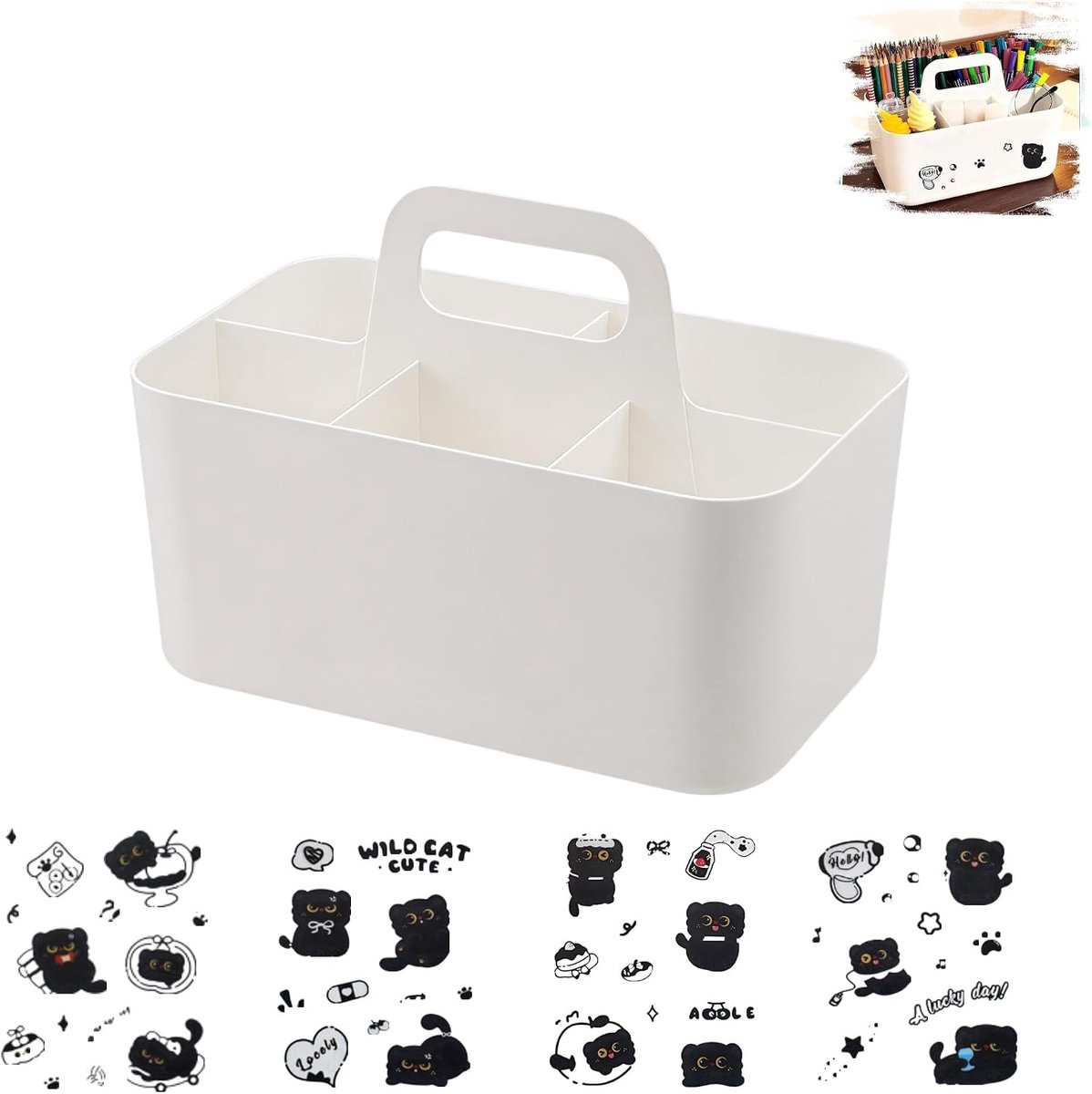 organizer met handvat, multifunctionele kunststof mand met 5 vakken, afneembare reinigingsmand met 4 kattenstickers voor badkamer, kantoor, knutsel- of schoolbenodigdheden, wit
