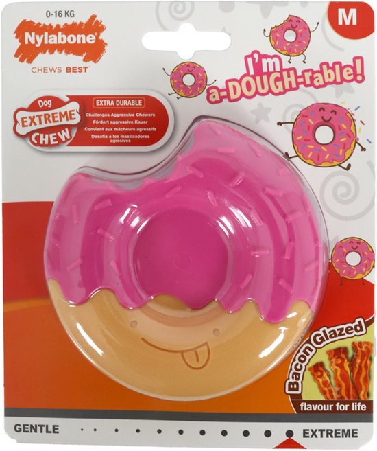 Nylabone Extreme Chew donut met roze glazuur en bruine onderkant, 'Bacon Glazed' smaak, maat M.