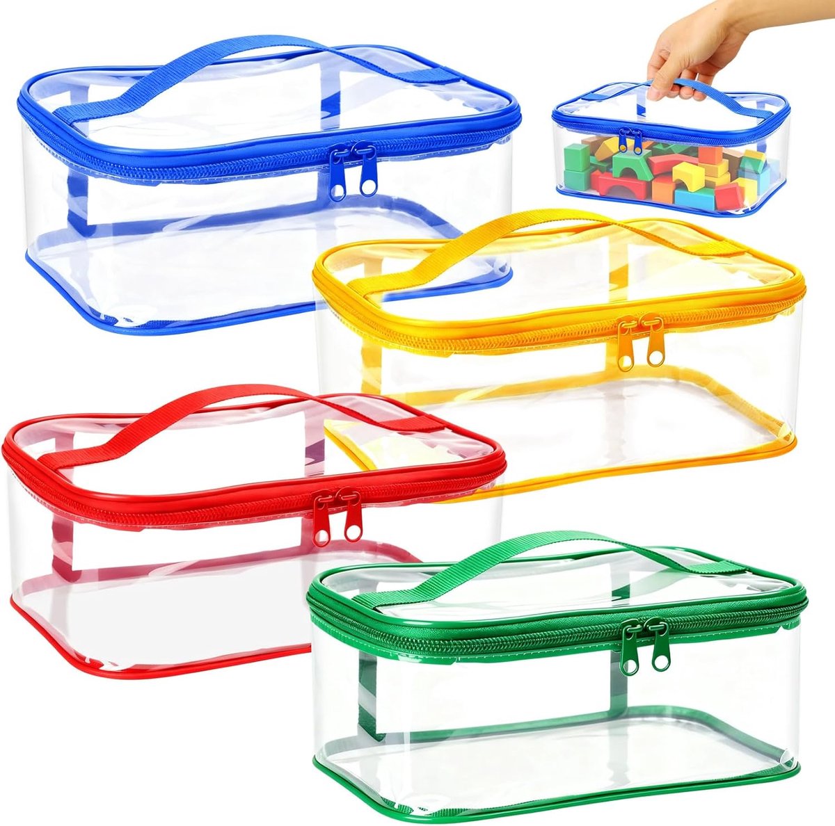 4 stuks pvc-opbergzakken voor speelgoed, 24 x 17 x 10 cm, transparante speelgoedopslag met ritssluiting en handgrepen, waterdichte speelgoedopbergtas voor puzzel, bouwstenen