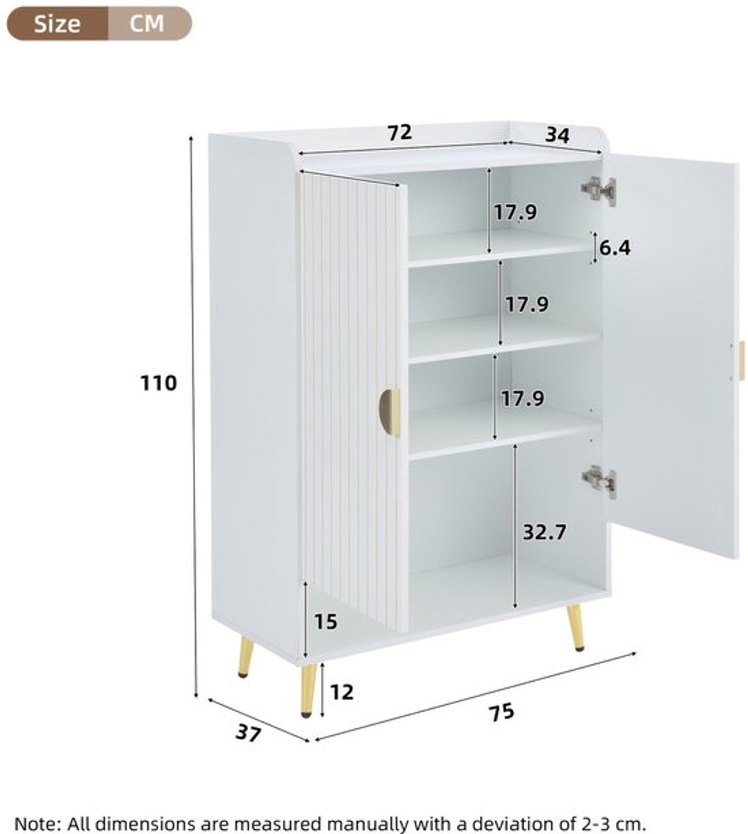 Schoenenkast – Schoenenrek – Schoenenopberger – Schoenenkast – Opbergkast – Wit Metaal – 3 Niveaus Met Dubbele Deuren – Ruimtebesparend 75x35x110 cm