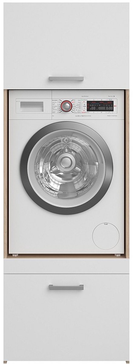 Vente-unique Wasmachinekast met 1 plank, 1 lade en 1 kast - Licht naturel en wit - B64 x H184 - ERKANO