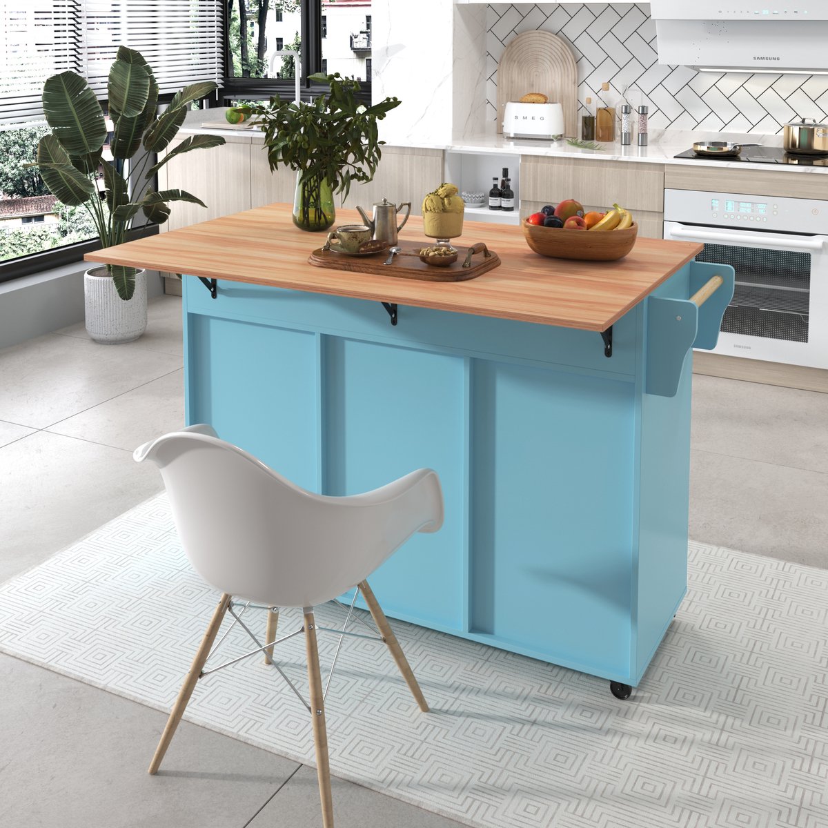 REDOM Keukeneiland op wielen - inklapbaar werkblad en opbergruimte - 2 lades en verstelbare planken - MDF en fineer - Blauw - 129 x 71 x 91,5 cm
