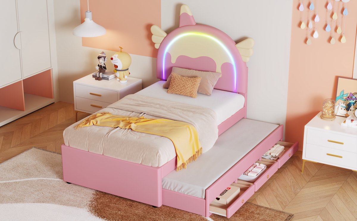 Eenhoorn kinderbed met uitschuifbed en lades - voor meisjeskamer en tienerkamer - 90x200 cm - Roze - Zachte PU-bekleding met cartoonontwerp - Inclusief 12 latten - 150 kg belastbaar — cadeau in Cadeau-ideeën - foto 4