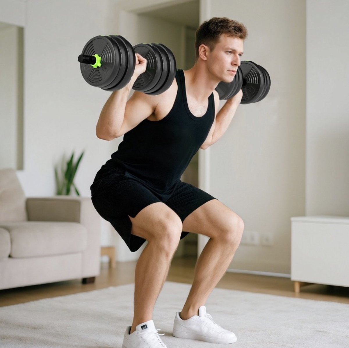 MEUNIQ verstelbare halterset 25 kg 3-in-1 met dumbbell- en halterstangfunctie, rechte stang en EZ-curlstang, kunststof schijven met spinlock sluitingen voor krachttraining thuis