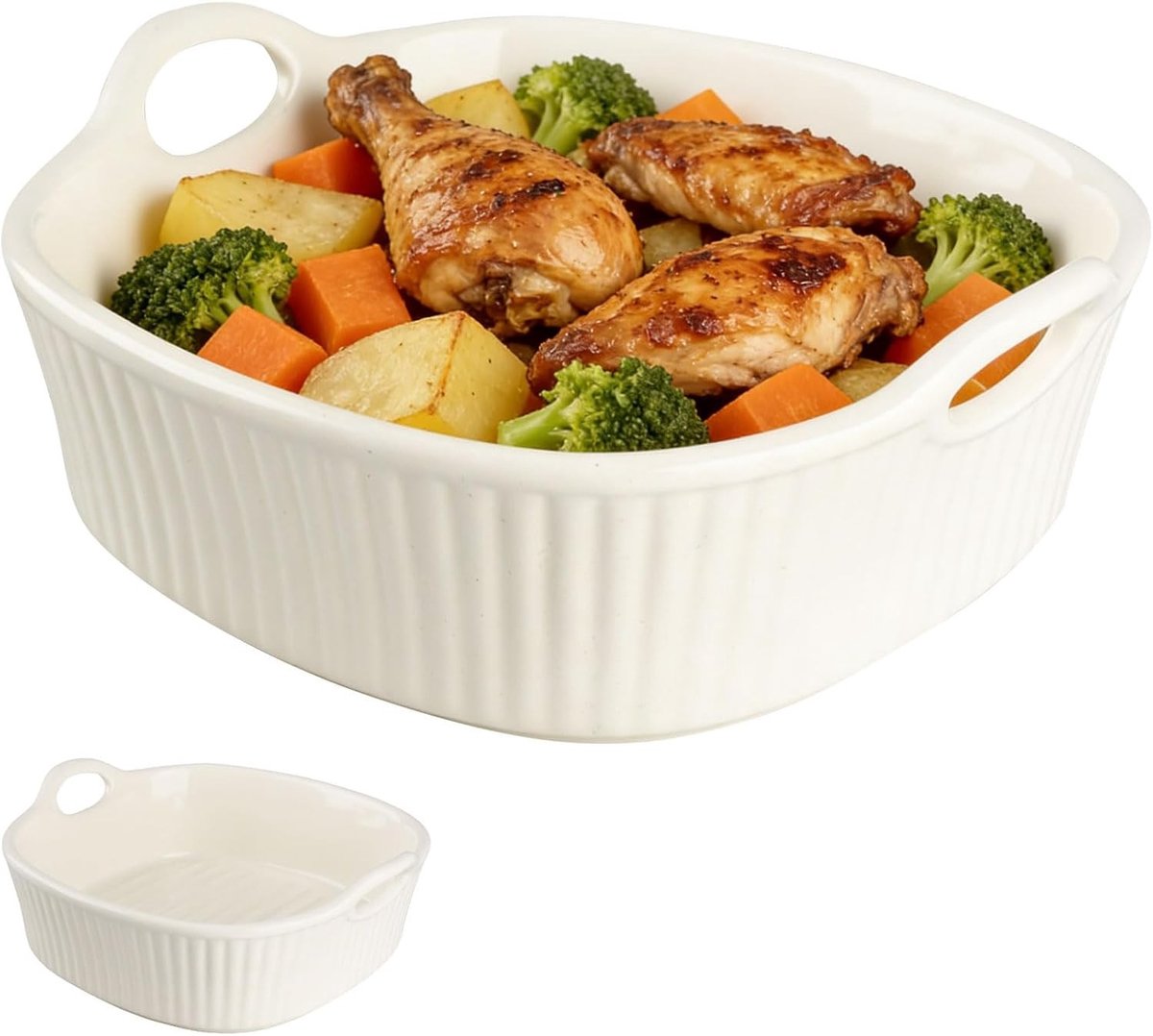 Handgemaakte keramische ovenschalen met handgrepen, ideaal voor lasagne, soep en friet, 18 x 16,8 x 5,5 cm