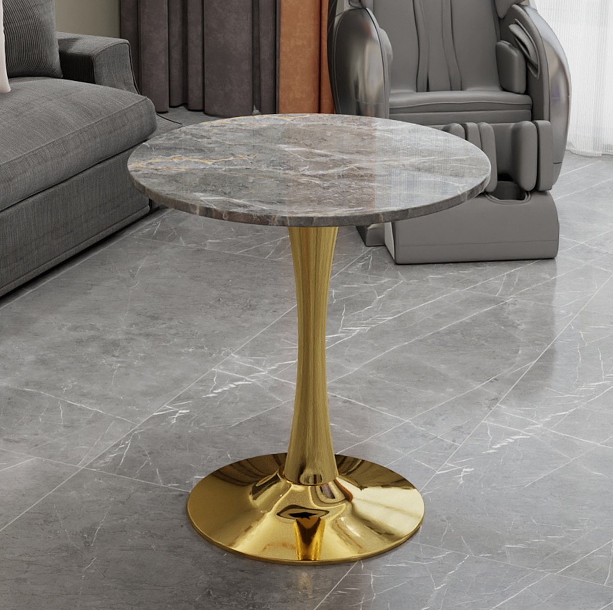 MEUNIQ ronde salontafel 70 x 70 x 72 cm met marmerlook tafelblad en gouden metalen voet, moderne bijzettafel voor woonkamer, eetkamer of zithoek