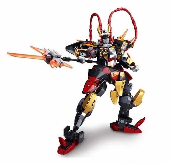 Figurine d'action Sluban P.R. Mecha, un robot aux accents rouges, dorés et noirs, prêt à l'action avec une arme.