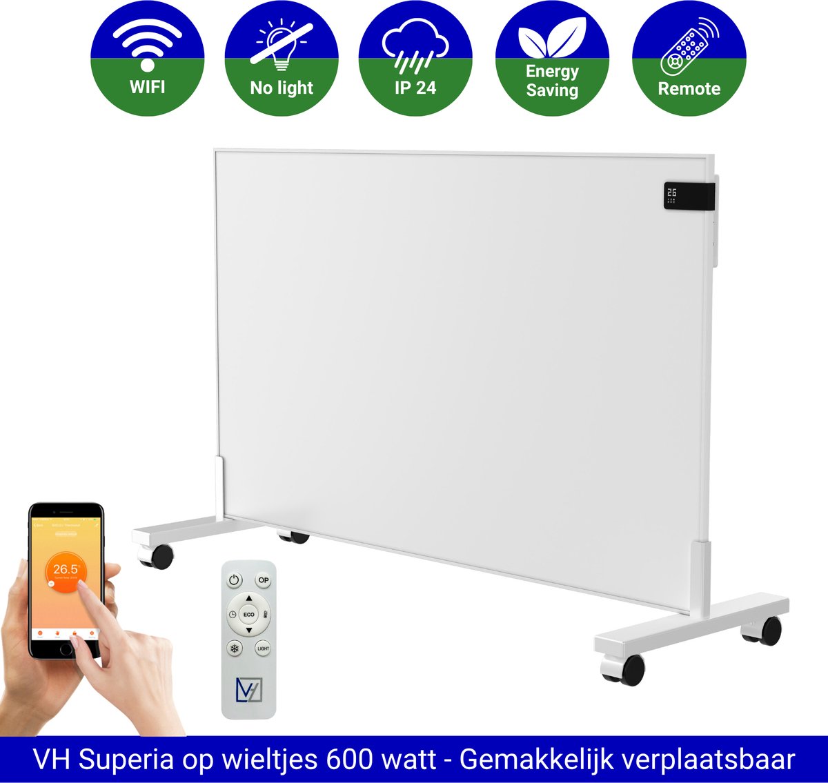 VH Infrarood paneel Superia - 60 x 100 cm - 600W - Verplaatsbaar op wieltjes - Wifi functie - Thermostaat - Incl. afstandsbediening