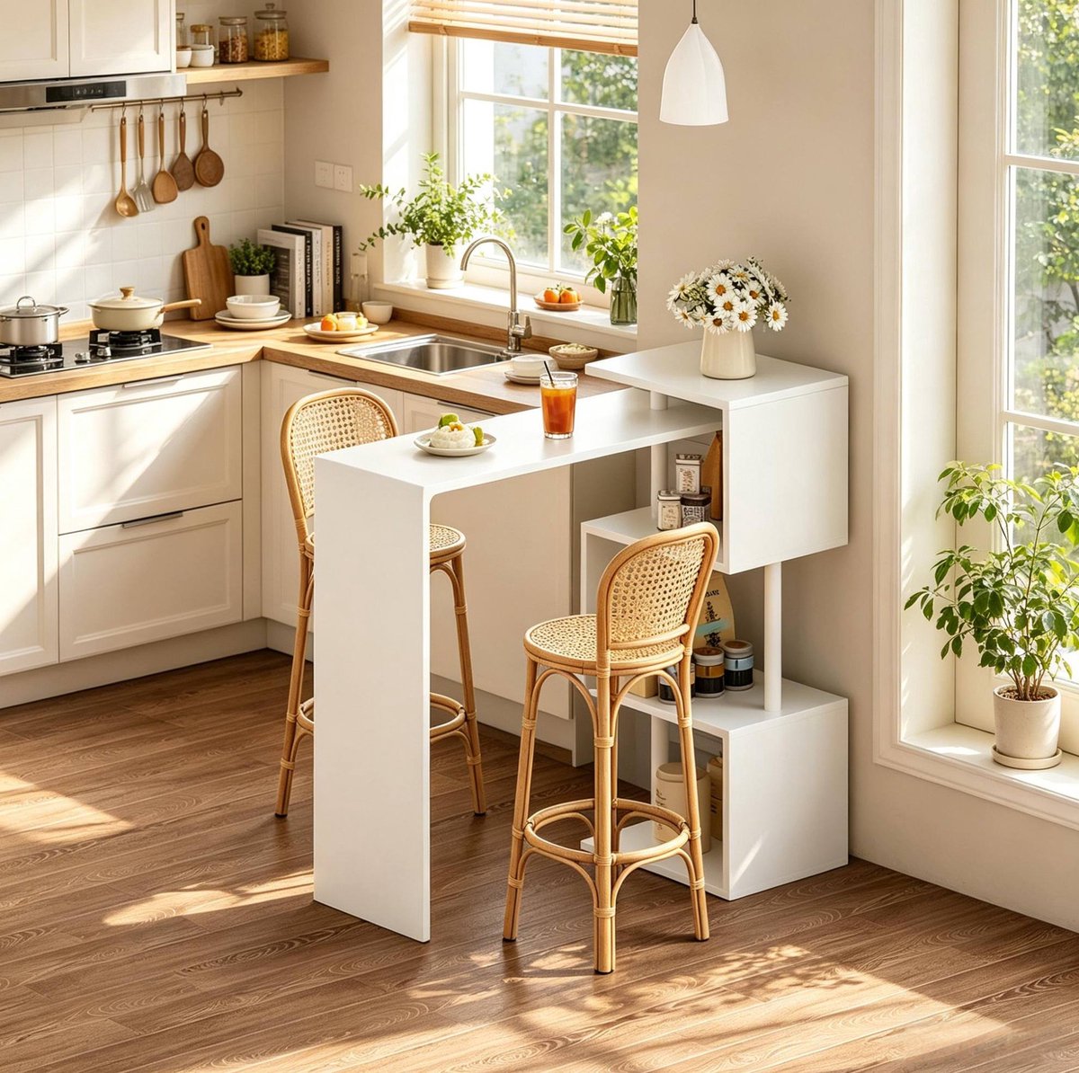 REDOM - Bartafel met opbergrekken - MDF tafelblad en metalen poten - Multifunctioneel als bartafel, partytafel of eettafel - Wit - 134 x 38 x 100 cm