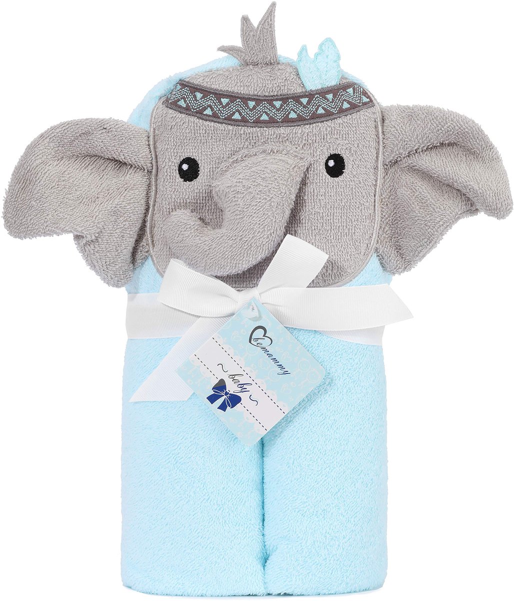 SnelShoppen - Baby Kapuchthanddoek Katoen 95cm x 95cm - Blauw Olifant - Ideaal voor Bad, Zwembad, en Kinderkamer - Zachte en Absorberende Babyhanddoek