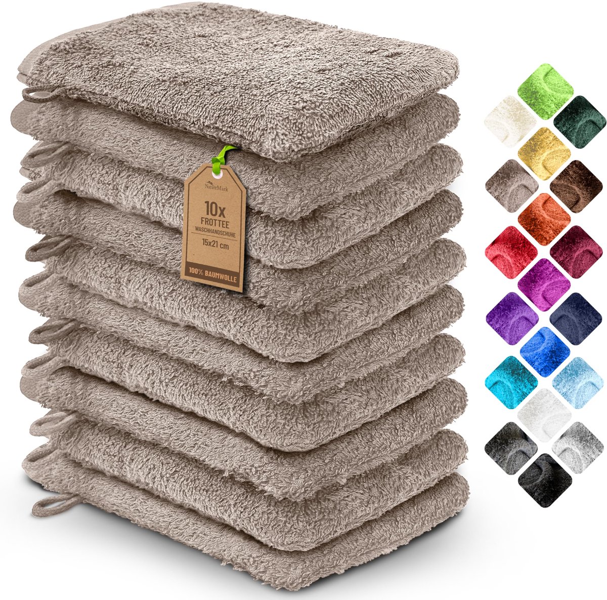 SnelShoppen - Set van 10 Washandjes in Badstof 100% Katoen – Zacht en Duurzaam voor Dagelijkse Verzorging en Gasten - Zand/Beige, 15x21 cm