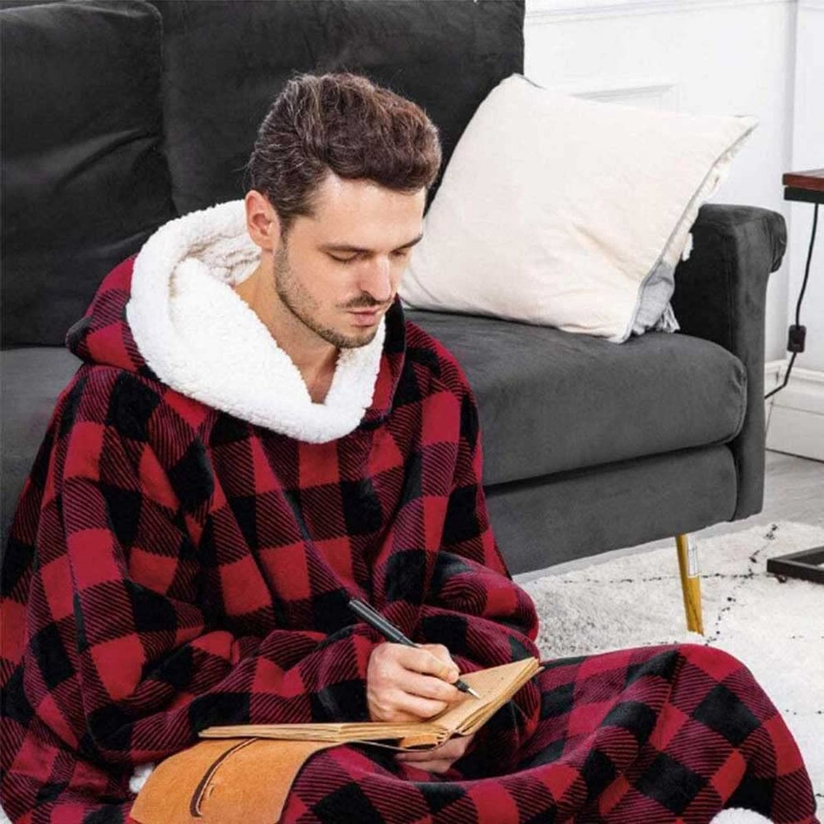 SnelShoppen - Extra Lange Hoodie Deken Sweatshirt, Super Warm en Gezellig Grote Deken Hoodie, Draagbare Dikke Flanellen Deken met Mouwen en Handige Za