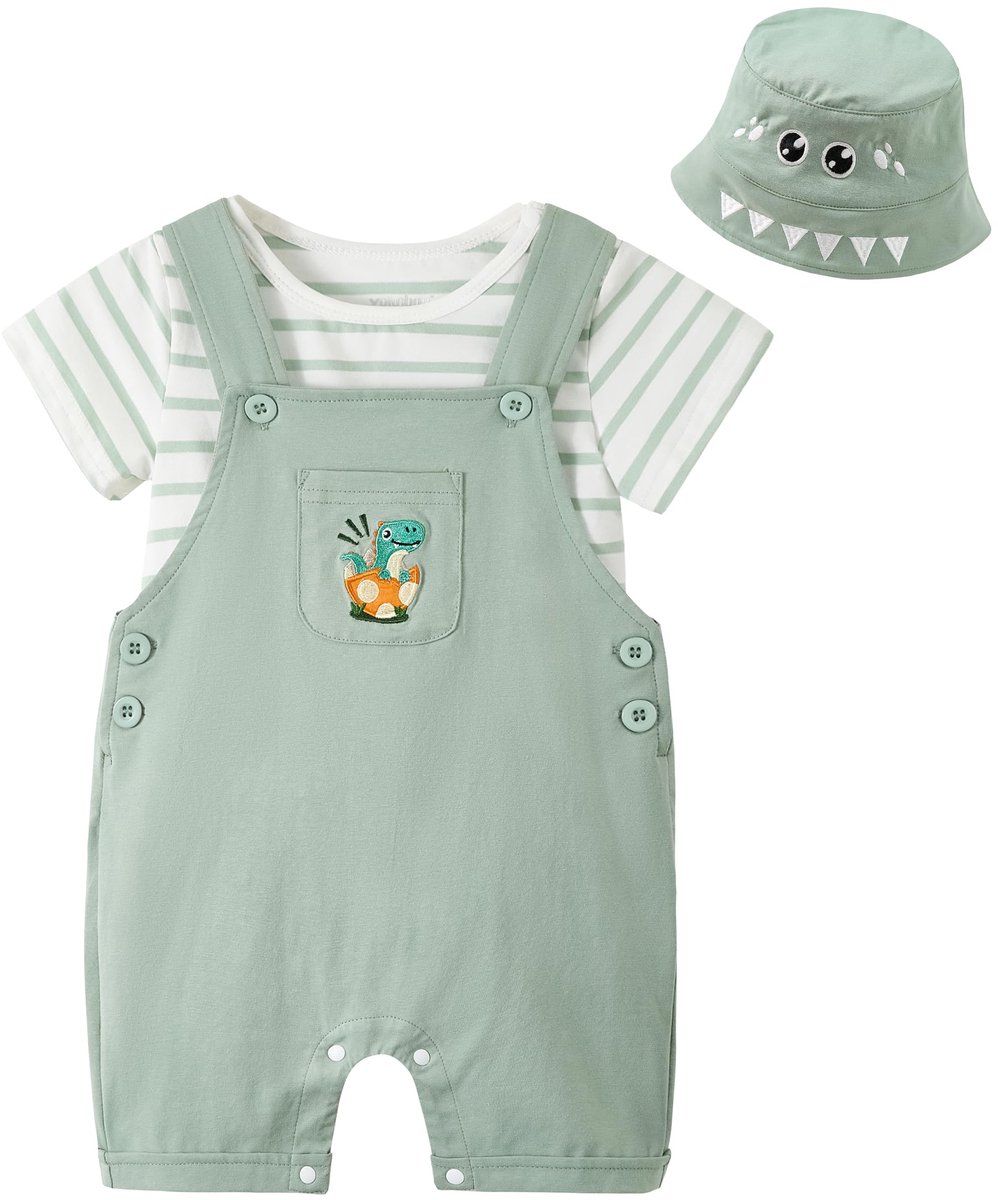 SnelShoppen - 3-delige babykledingset voor zomerkleding, korte mouwen T-shirt, top/body + broek/shorts, muts, grijs-groen, voor pasgeborenen tot peute