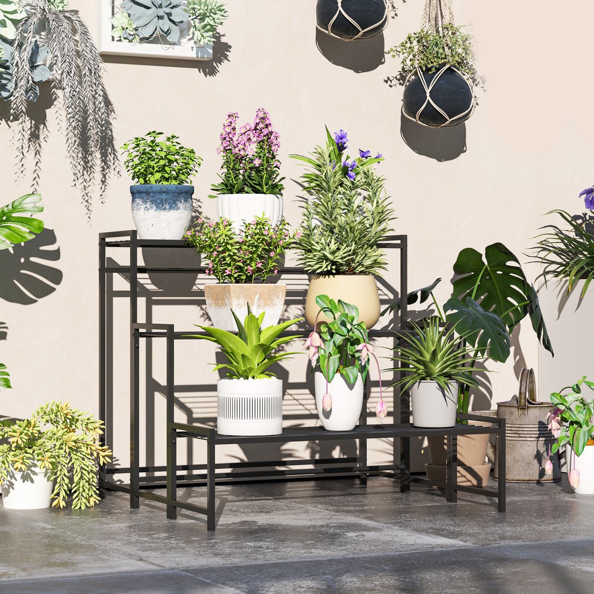 Plantenrek 3 Etages – Stabiel Metalen Ontwerp – 75 x 70 x 66 cm – Metaal – Zwart – Voor Binnen En Buiten – Voor Planten En Decoratie