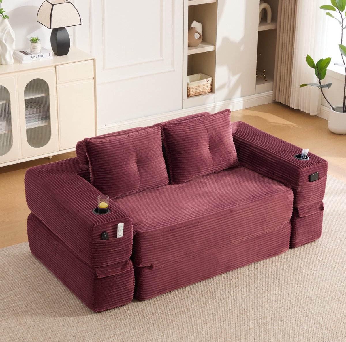 REDOM - Slaapbank - 2-persoons - Corduroy bekleding - Uitklapbare slaapfunctie - Met opbergvakken en bekerhouder - Woonkamer - Wijnrood - 180 x 98 x 80 cm