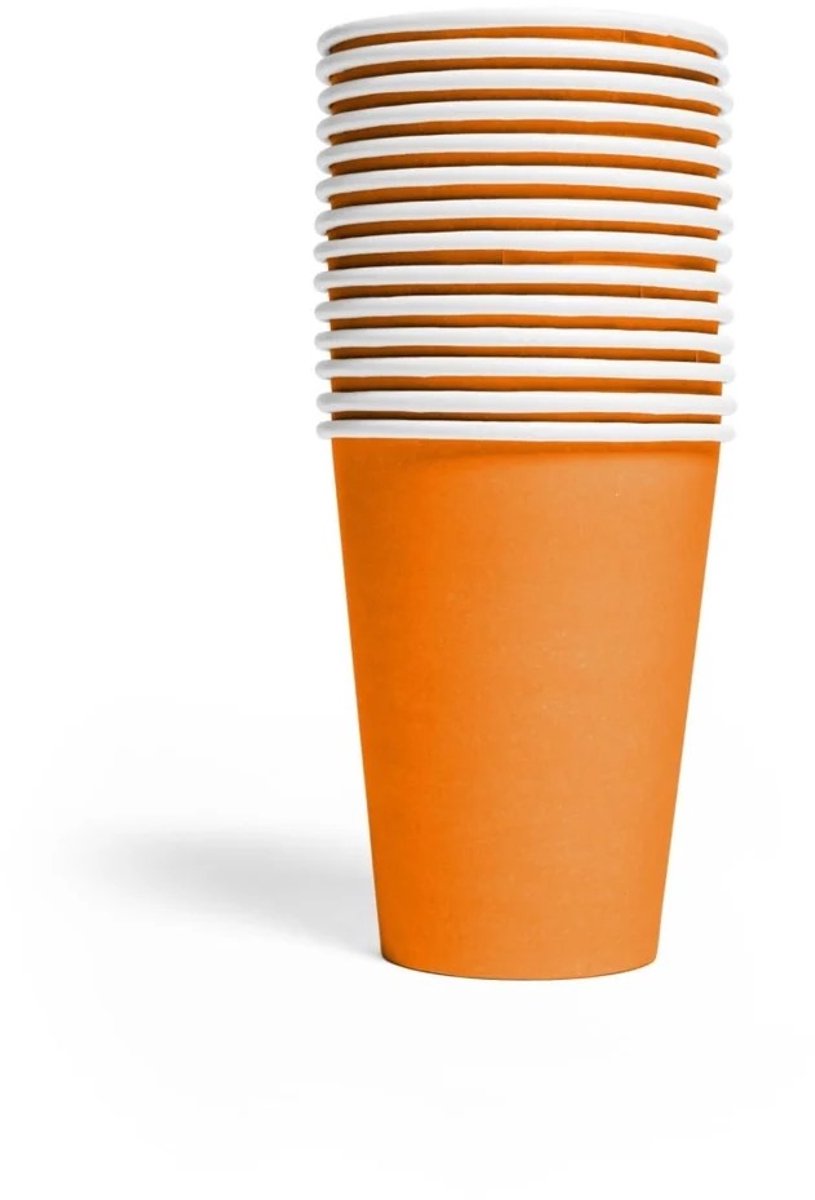 KARTONNEN DRINK BEKER ORANJE 14 STUKS - UNIQUE - 270ML - WEGWERP BEKERS ORANJE KARTON