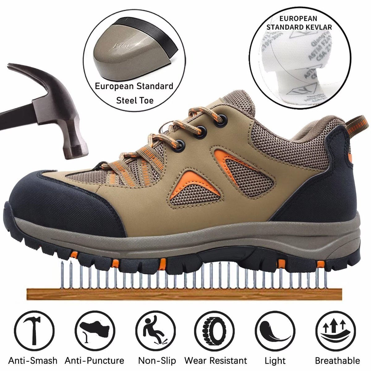SnelShoppen - Veiligheidsschoenen Heren Dames Lichtgewicht Ademende Werkschoenen met Stalen Neus Unisex Khaki Maat 43 voor Bouw en Industrie