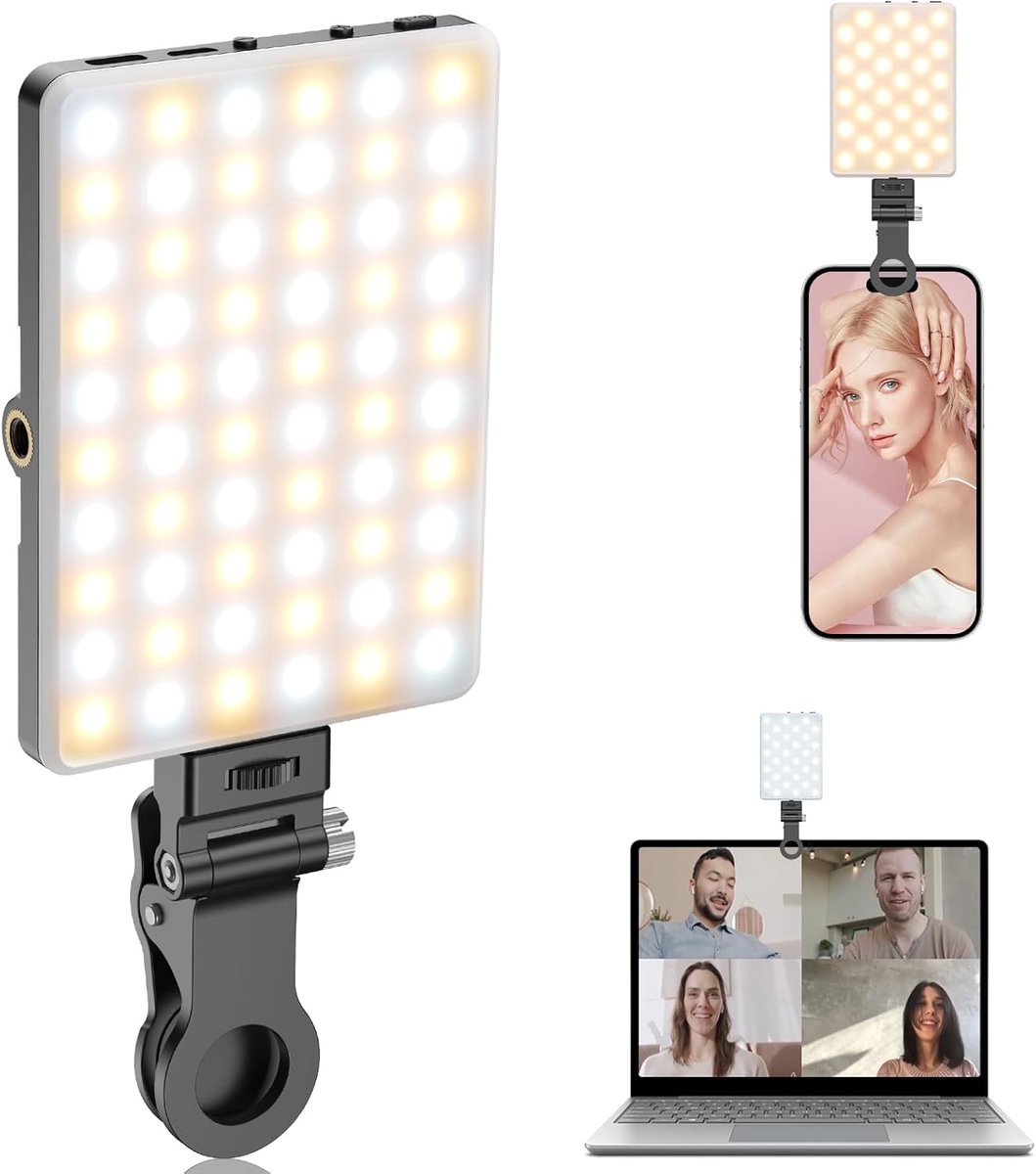 SnelShoppen - Selfielampen voor Mobiele Telefoon met Clip en Oplaadbaar, 60 LED's Cameralamp, Dubbele 1/4" Schroefgat, 2500K-9000K voor iPhone/Android