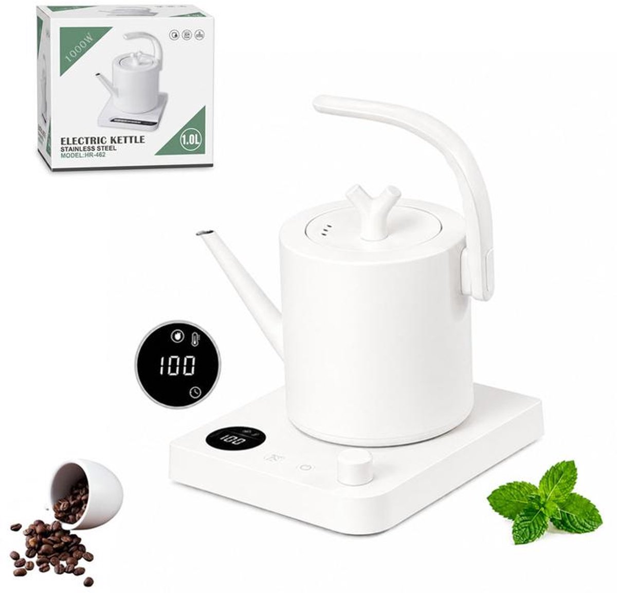 KZQ Waterkoker - Waterkoker met smalle tuit - Elektrische waterkoker met slimme temperatuurregeling - 1 liter - 1000 W - Meerdere snelheidsinstellingen - Display - Droogkookbeveiliging - 360° draaibare voet - Wit